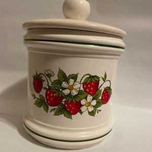 Vintage 1970 strawberry fields ceramic canister with lid.
